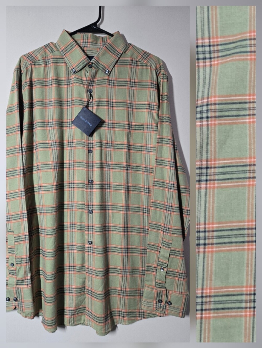 Scott Barber Plaid Cotton Flannel Button Down Shirt Sage Green Spice Orange